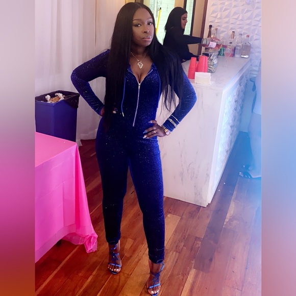 Royal Blue Velour Hooded Jumpsuit with encrusted sparkles - Picture 2 of 2